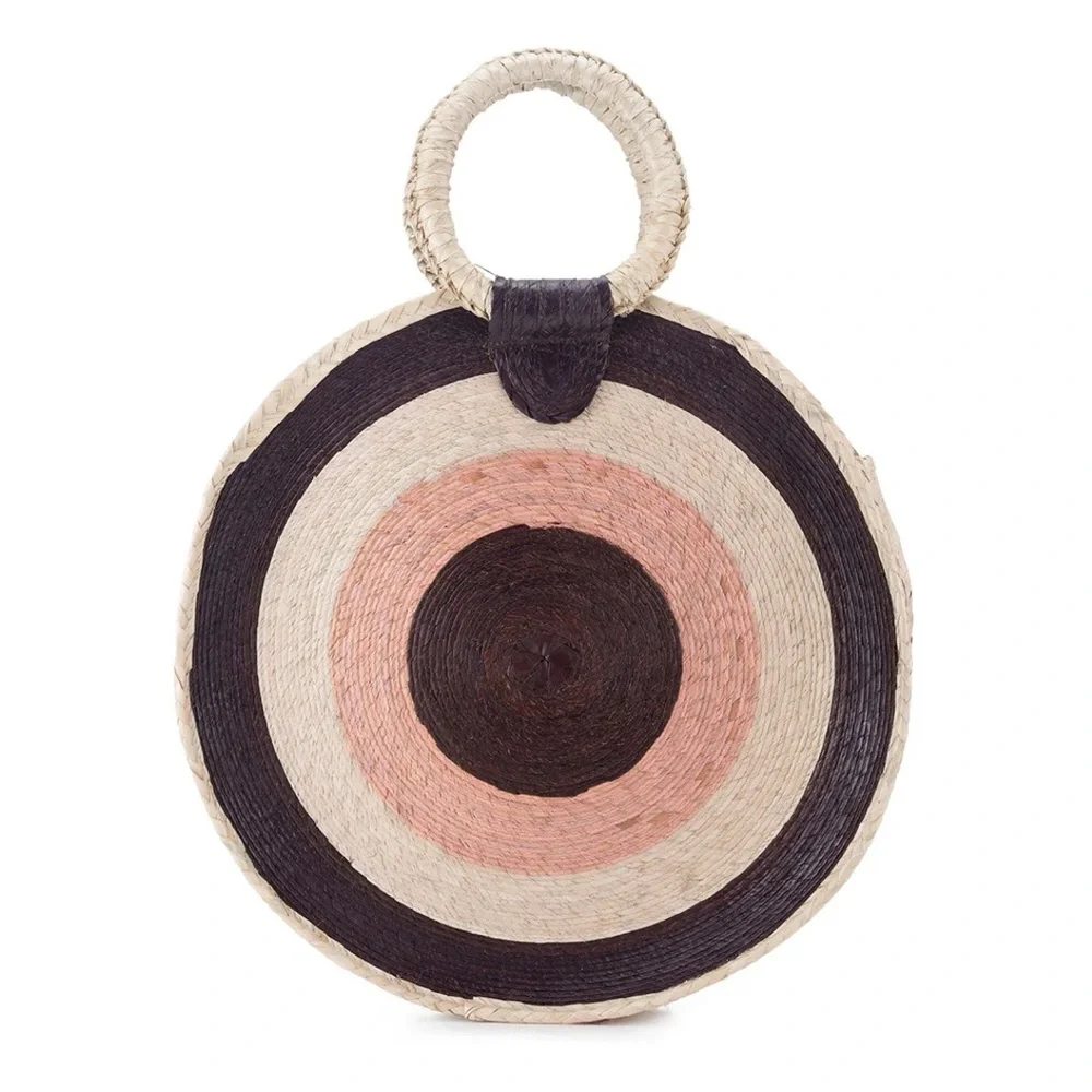 MISA Los Angeles Mykonos Circle Circular Straw Tote Bag Natural Purple Pink
